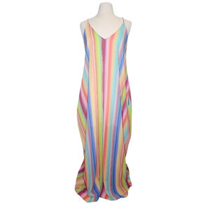 Fantastic Fawn Maxi Dress Rainbow Stripe With Pockets Low Back Size M
